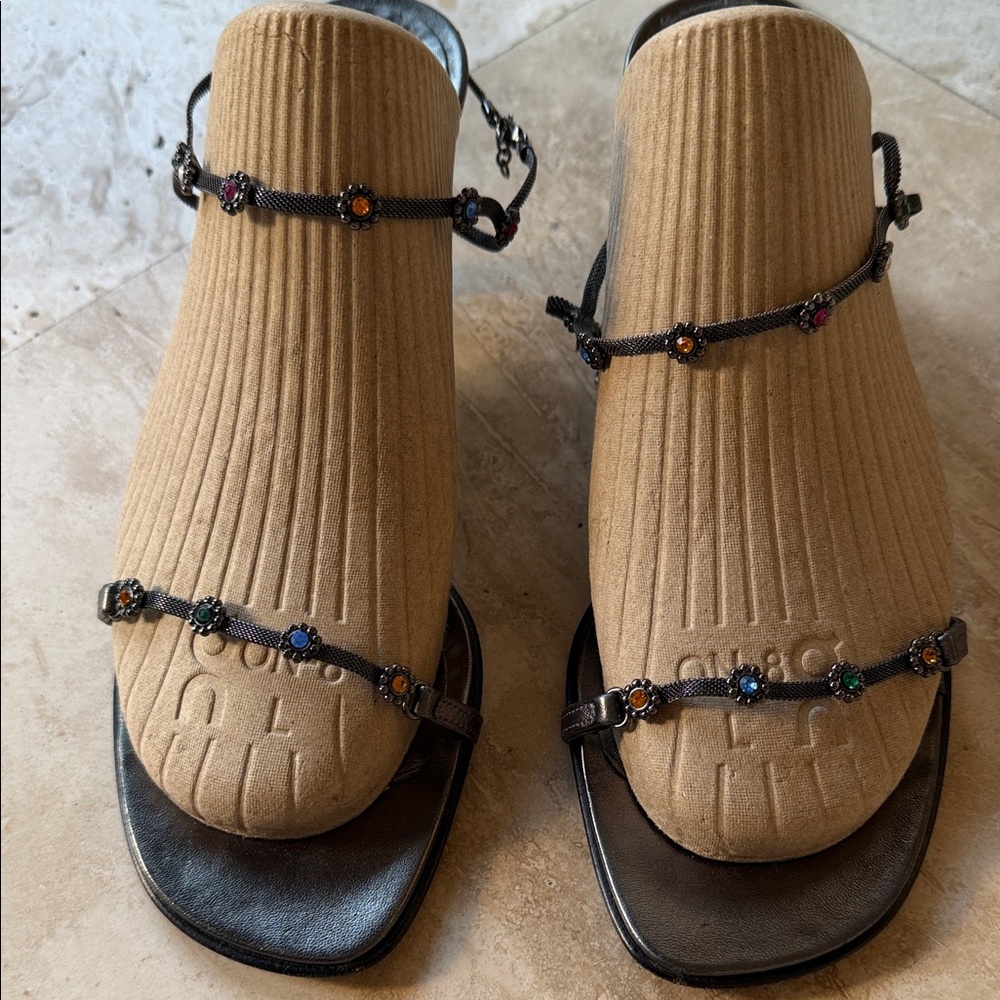 Giuseppe Zanotti Metallic Pewter Strappy Sandals with Multicolor Gem Accents - Picture 2 of 6